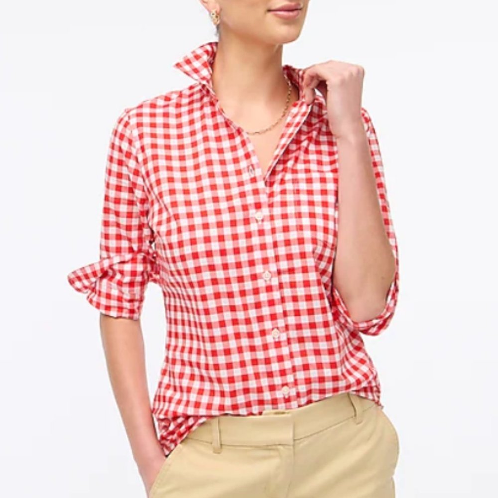 J. Crew Factory Red and White Gingham Button Down Shirt